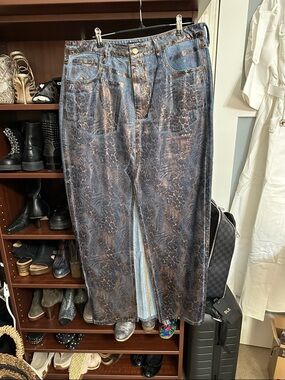 Fashion Nova Brown and Blue Animal Print Denim Maxi Skirt